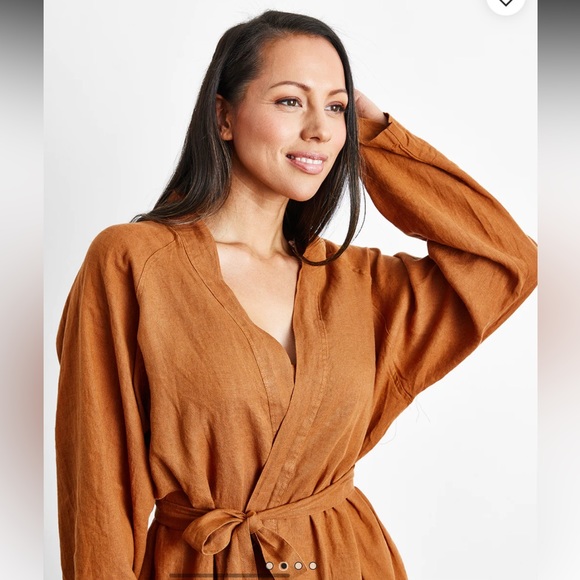 Bed Threads Rust 100% French Flax Linen Classic Robe - Picture 7 of 14